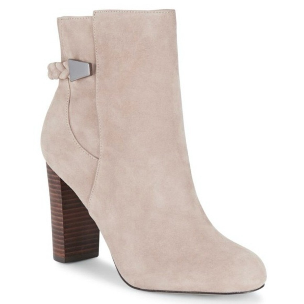 Saks Fifth Avenue Beige Suede Ankle Boots Nude Stacked Block Heel Almond Toe